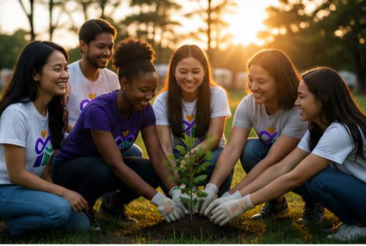Volunteers planting a tree together, wearing G1fti shirts